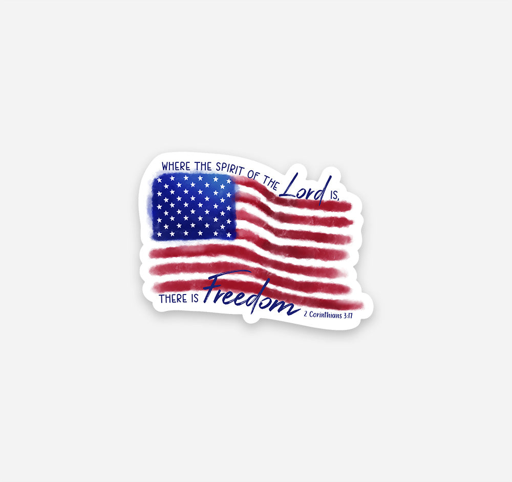 Where the Spirit of the Lord Is There Is Freedom, 2 Corinthians 3:17 Bible verse sticker with an American flag