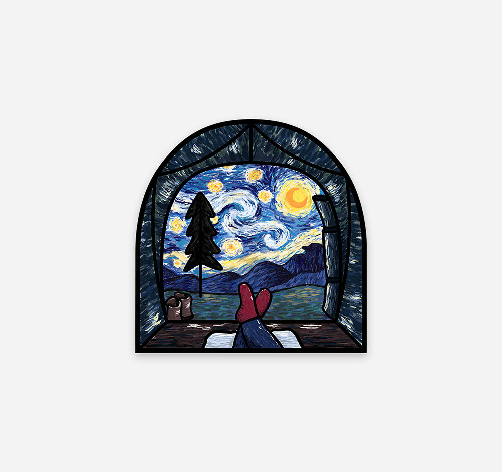 Vincent van Gogh Starry Night inspired camping scene in a tent on a vinyl sticker