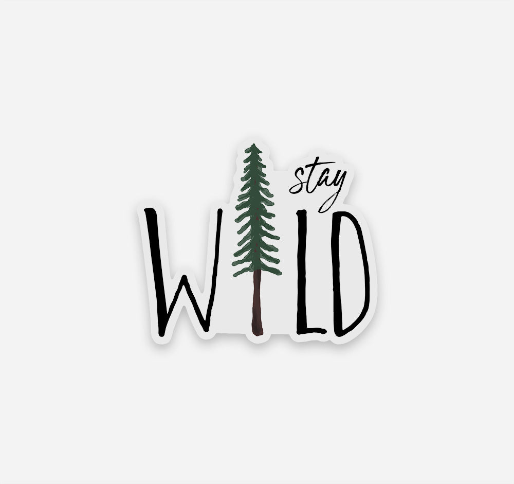 Stay Wild hiking sticker with a pine tree on a clear background