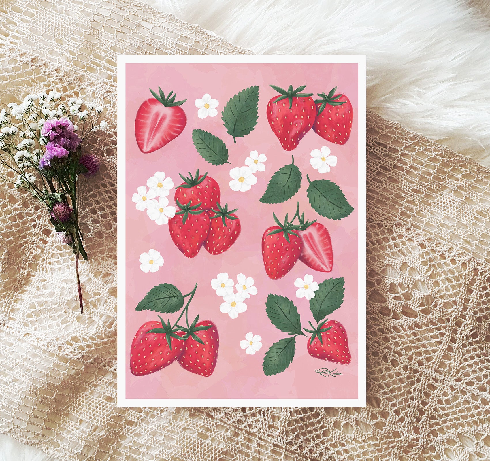 Strawberries and white flower blossoms art print
