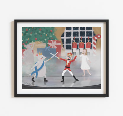 Fight Scene from The Nutcracker painting with the Nutcracker, Moues King, and Clara dancing on stage