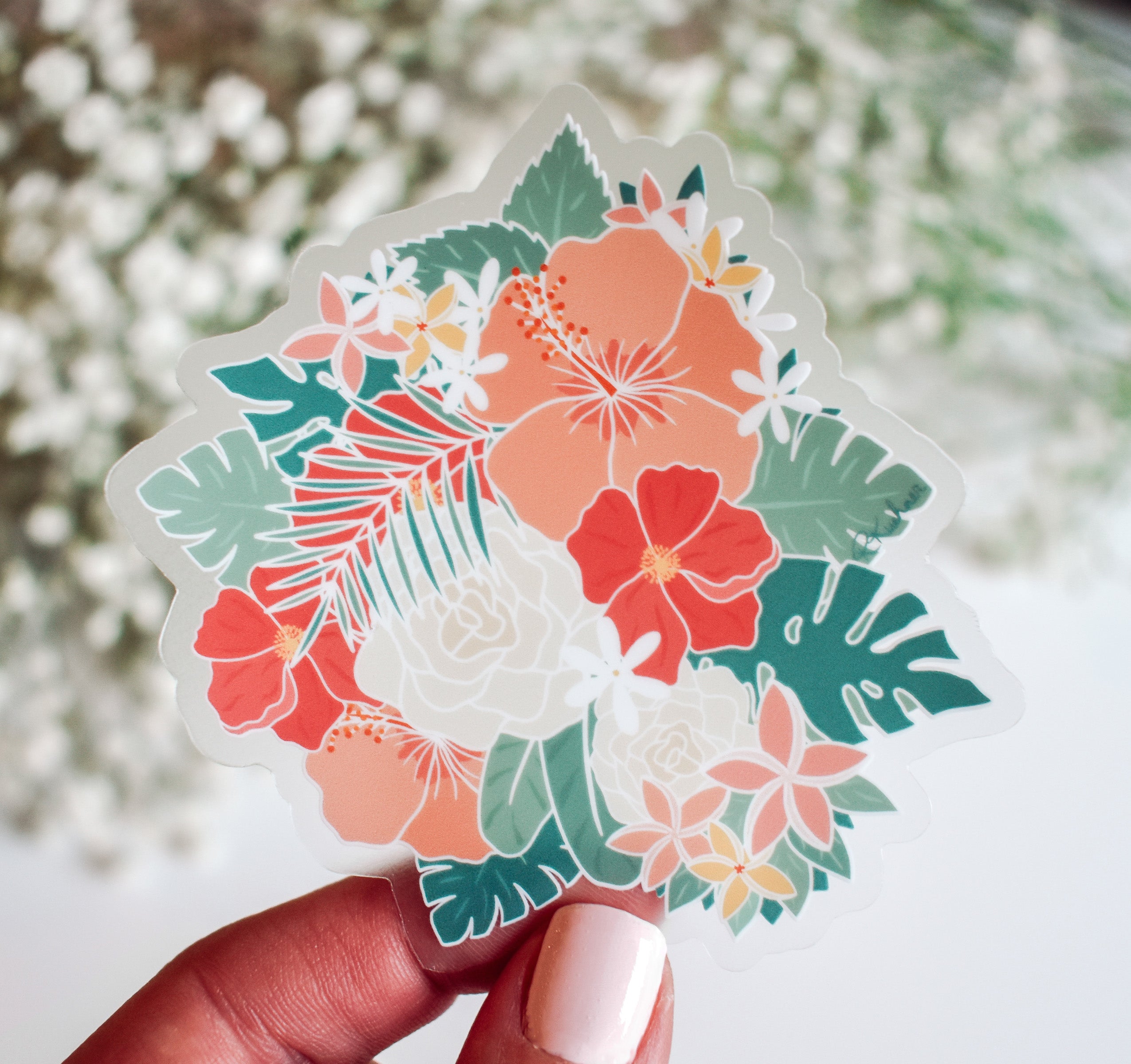 Tropical flowers sticker including hibiscus flowers, plumeria, and monstera leaves