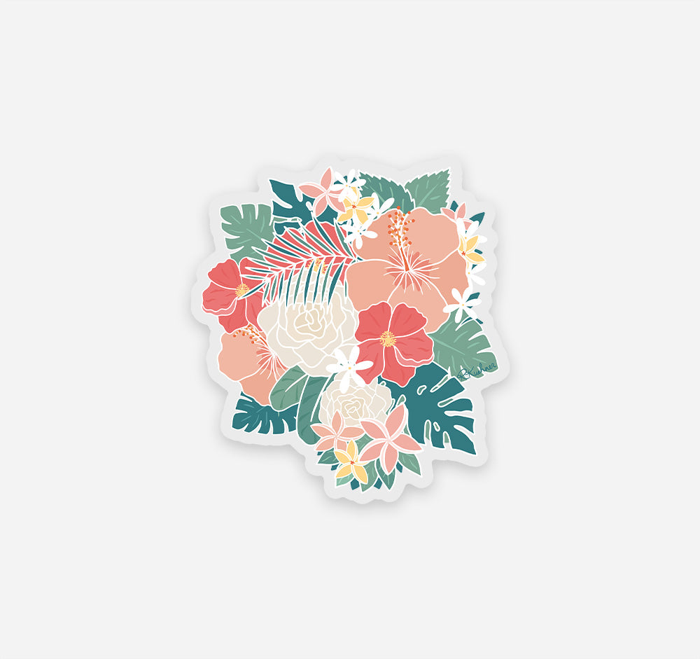 Tropical flowers sticker including hibiscus flowers, plumeria, and monstera leaves