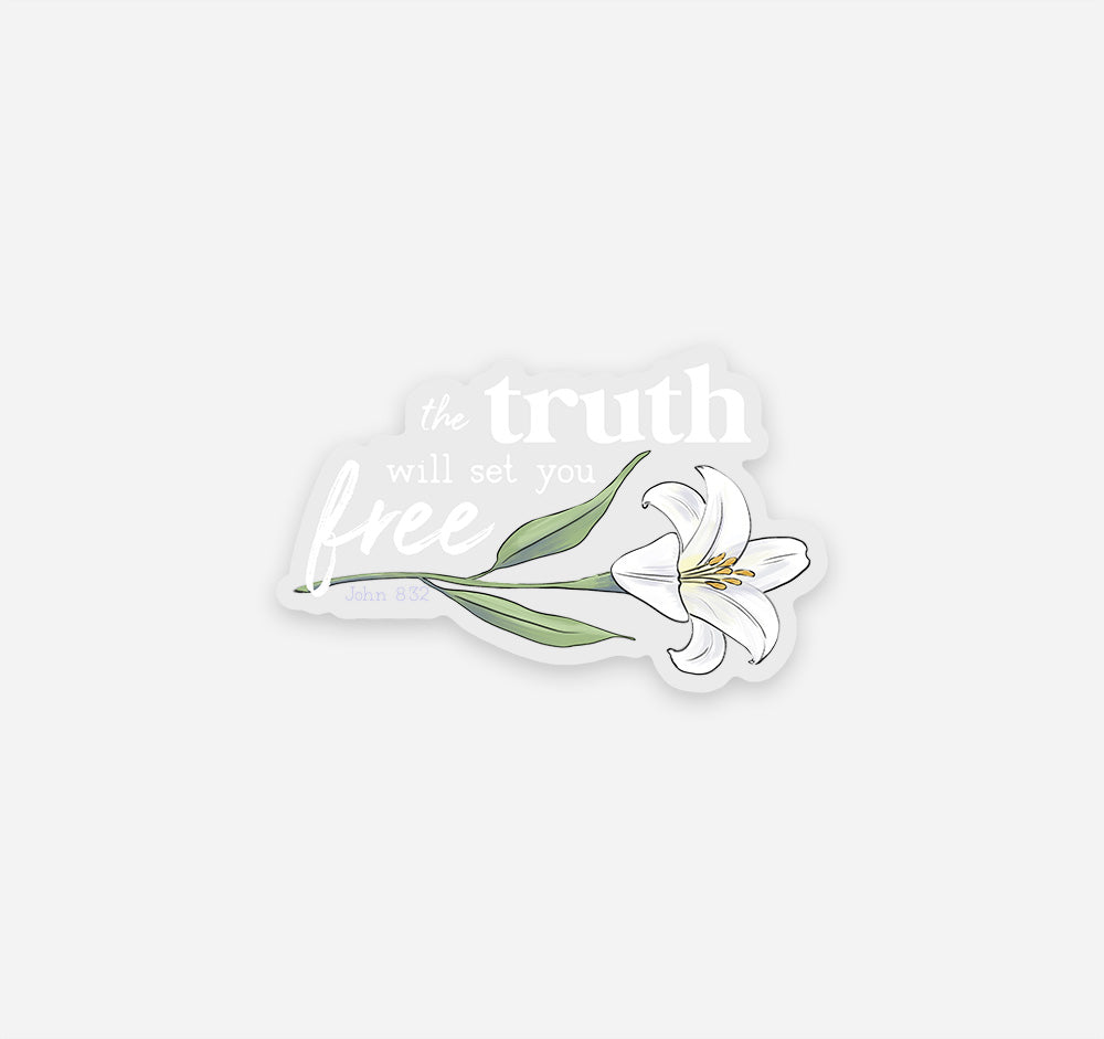 The truth will set you free, John 8:32 Bible verse Christian sticker with a white lily