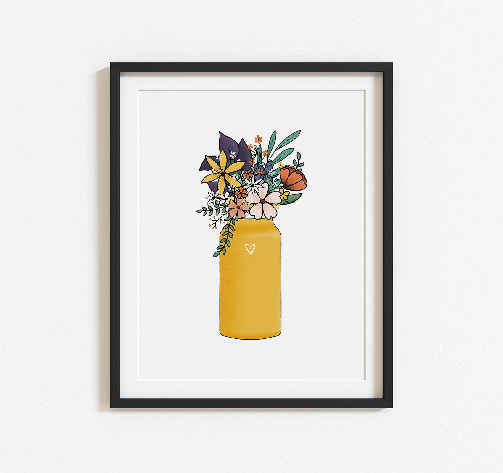 Yellow water bottle full of wildflowers art print