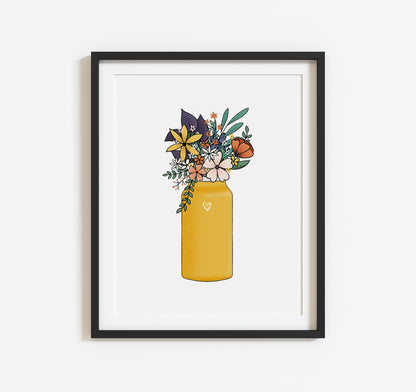 Yellow water bottle full of wildflowers art print