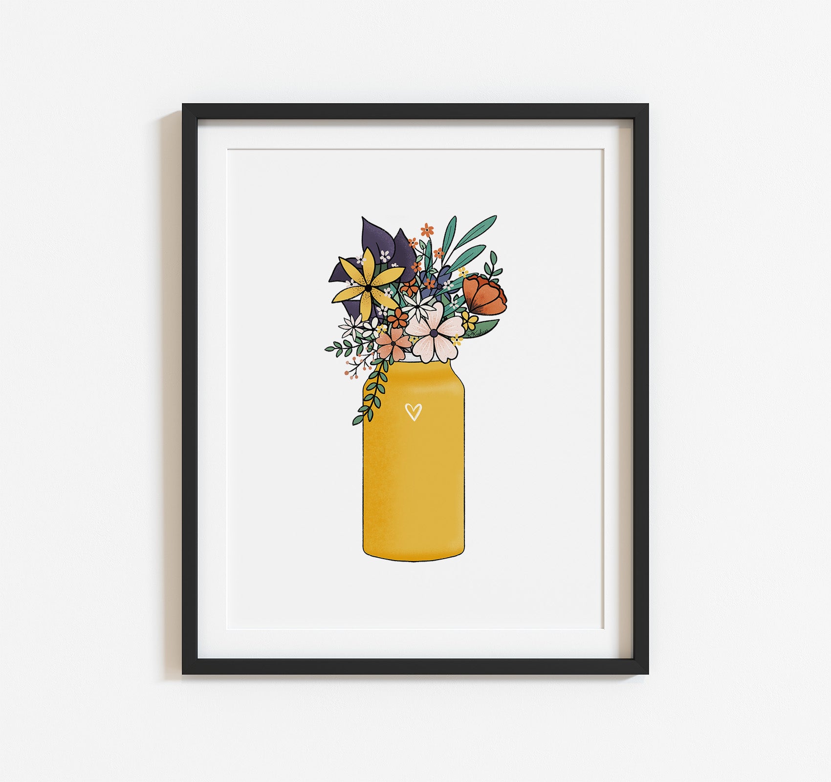 Yellow metal water bottle with flowers art print