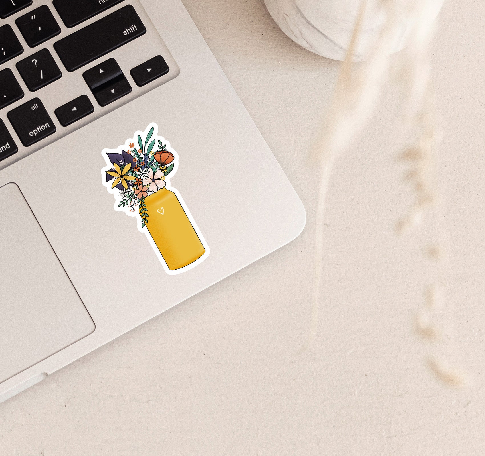 Yellow metal water bottle laptop sticker with wildflowers