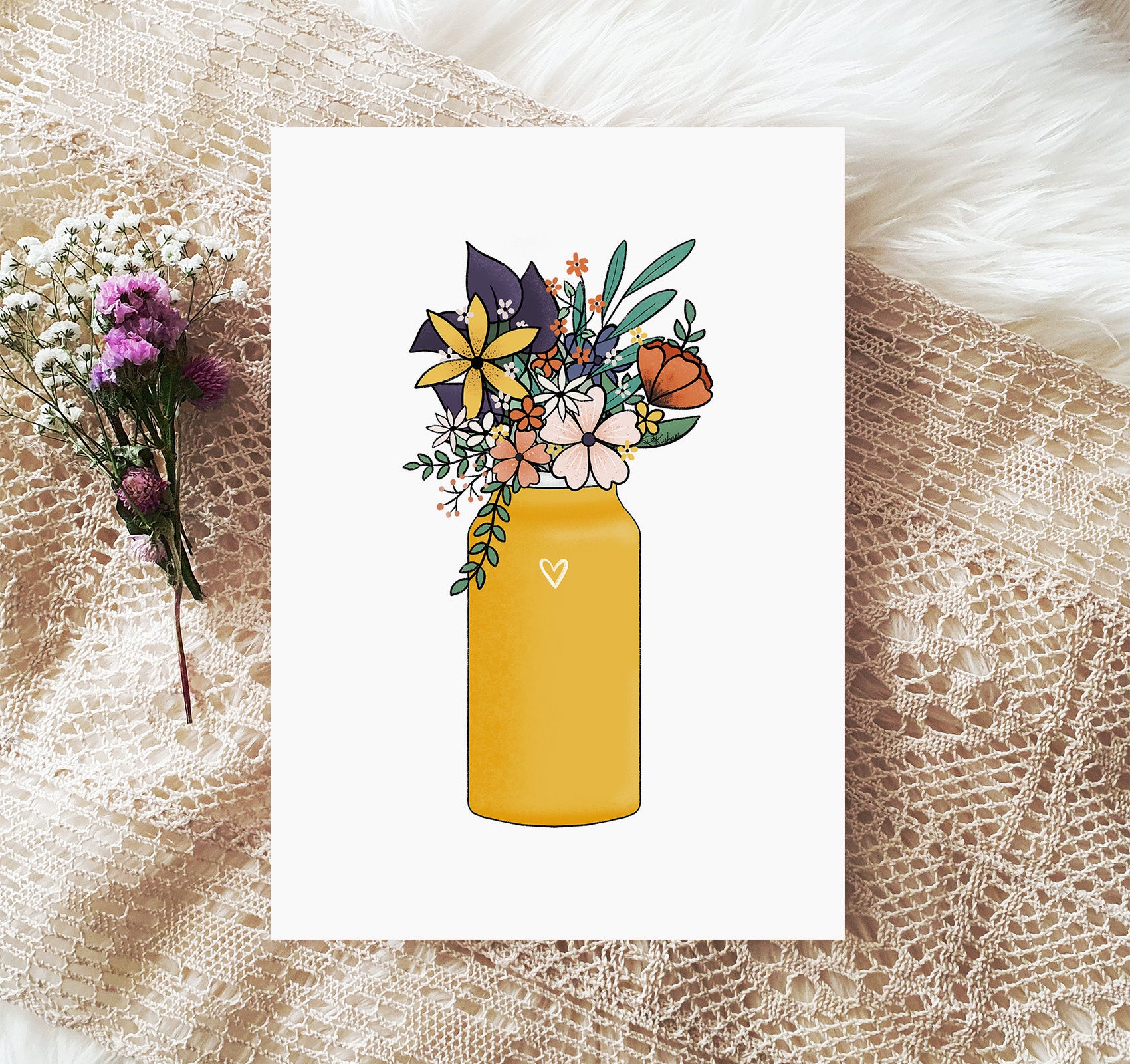 Yellow water bottle full of wildflowers art print