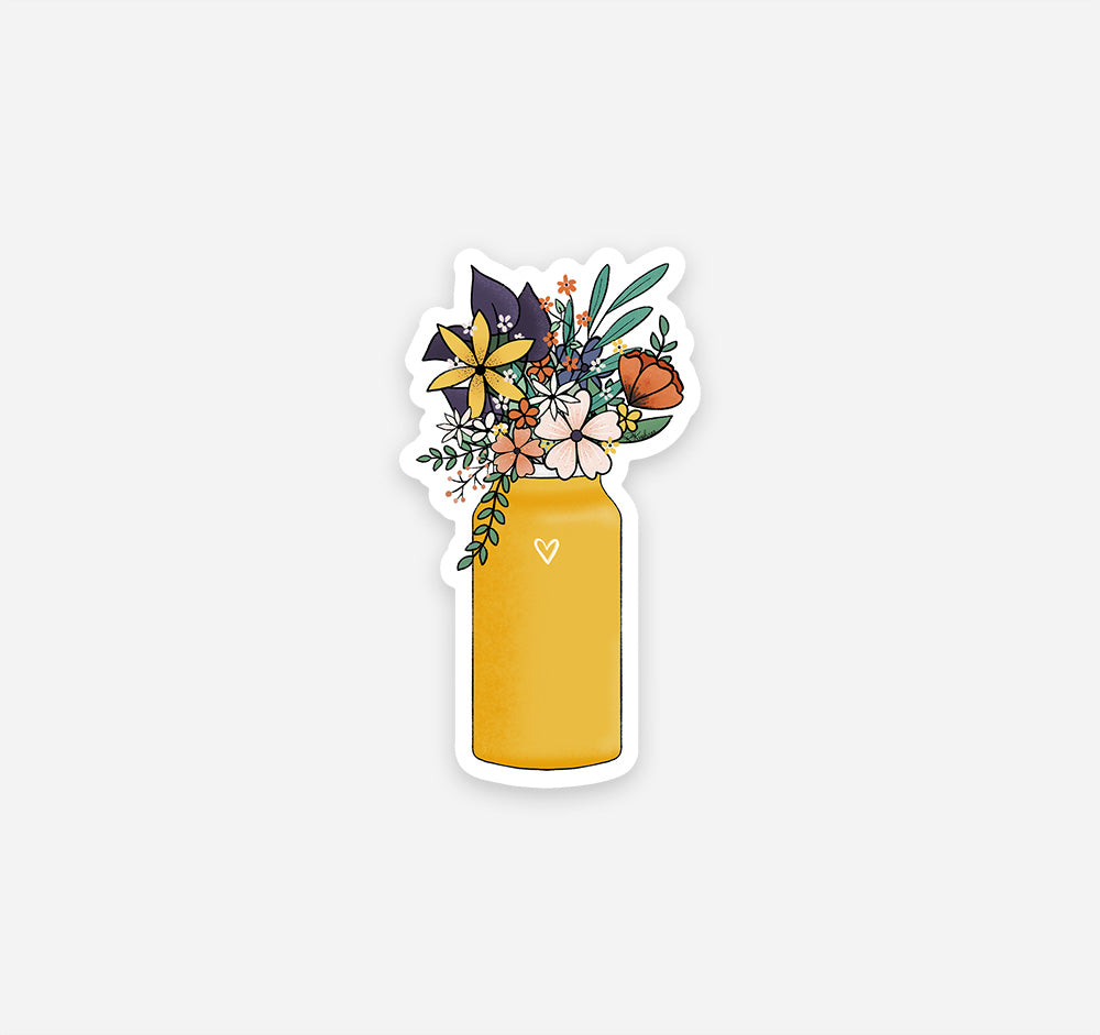 Yellow metal water bottle sticker with wildflowers