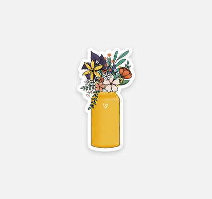 Yellow metal water bottle sticker with wildflowers