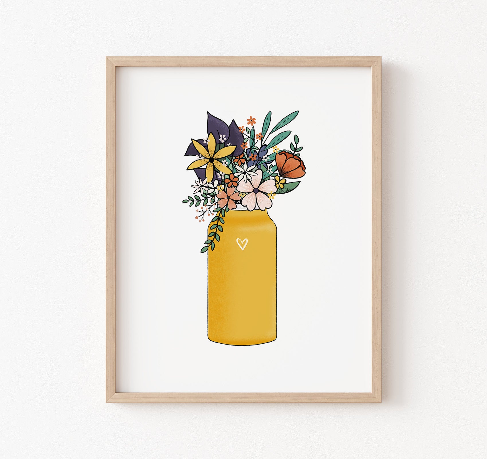 Yellow water bottle full of wildflowers art print