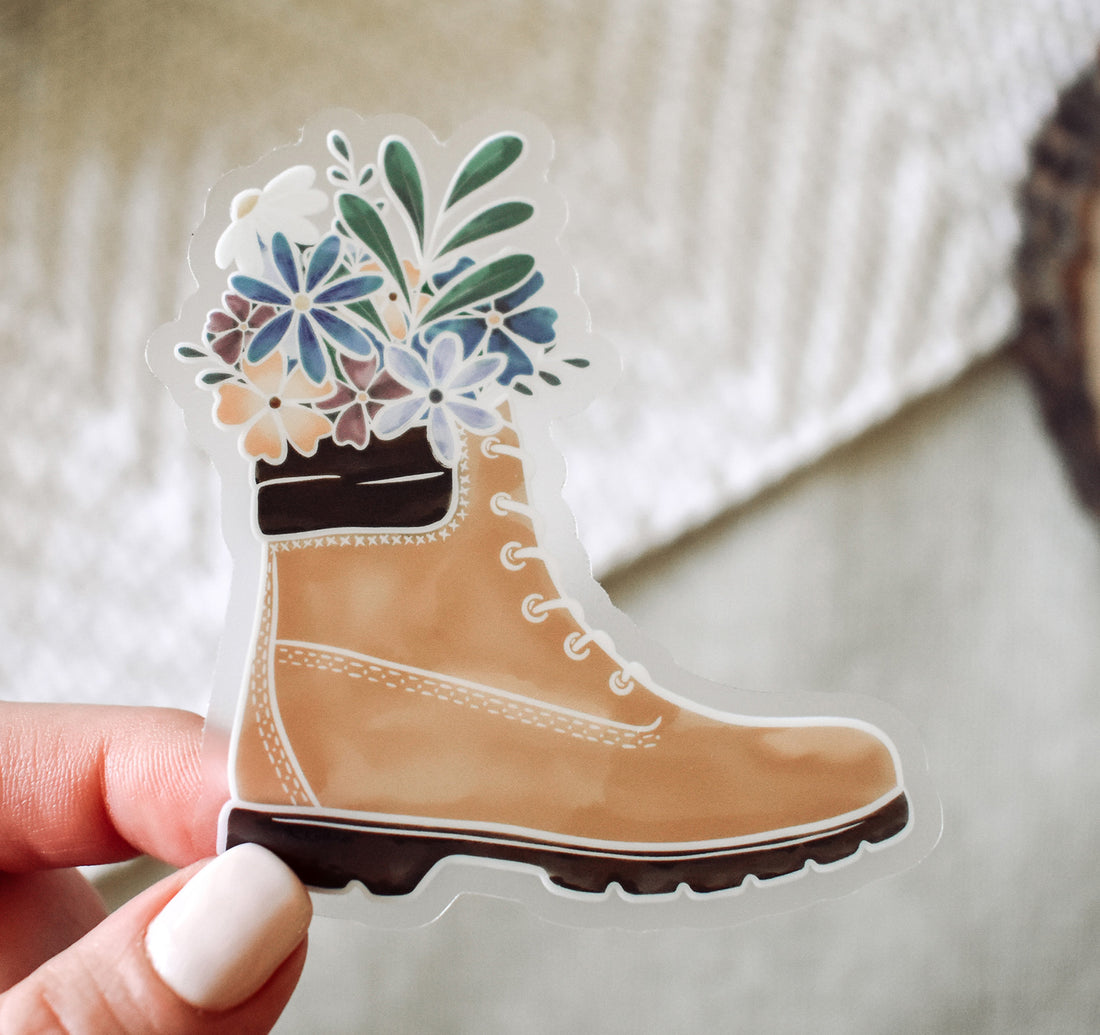 Watercolor style hiking boot full of flowers clear vinyl sticker