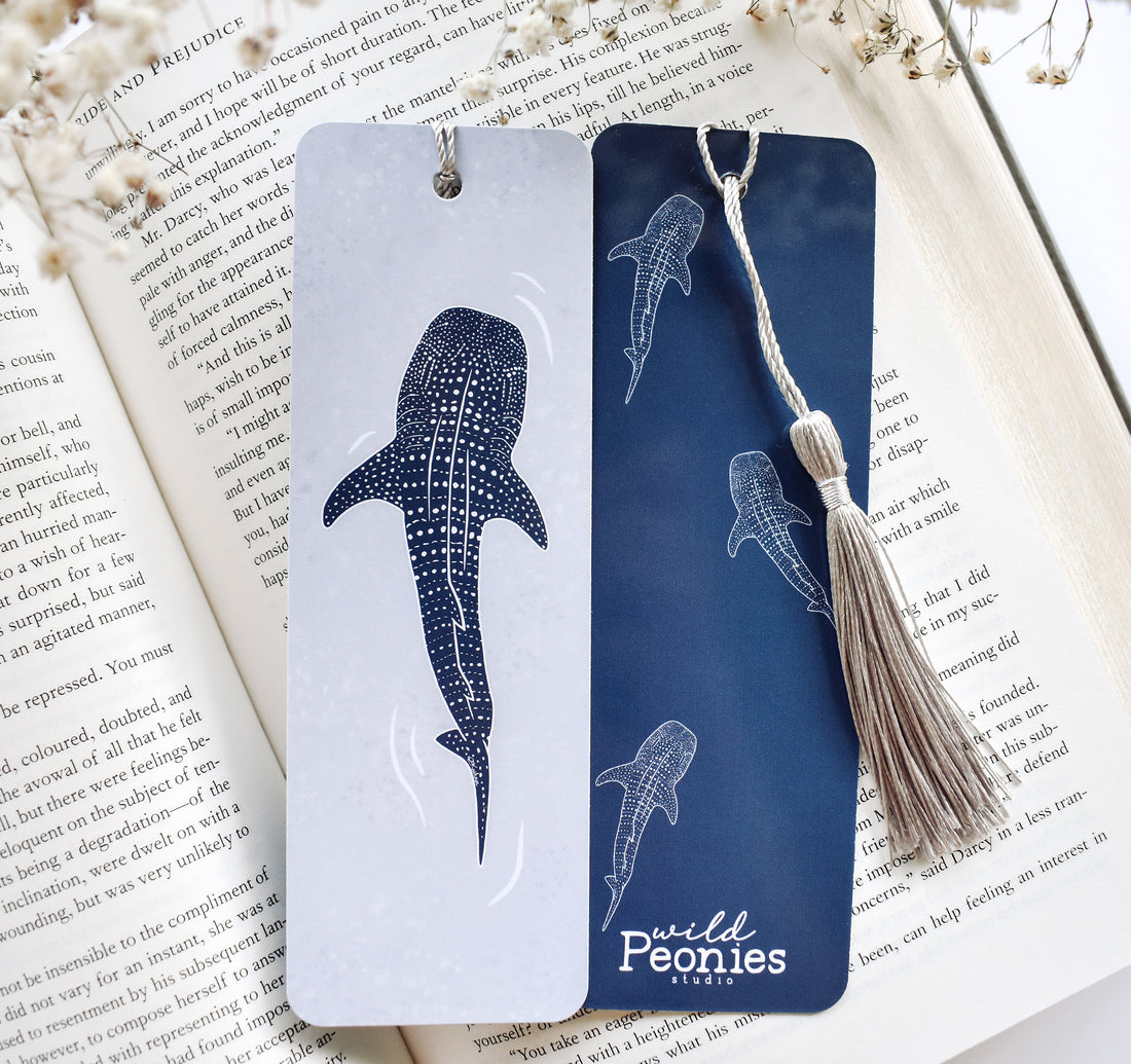Blue whale shark ocean themed bookmark with a silver tassel