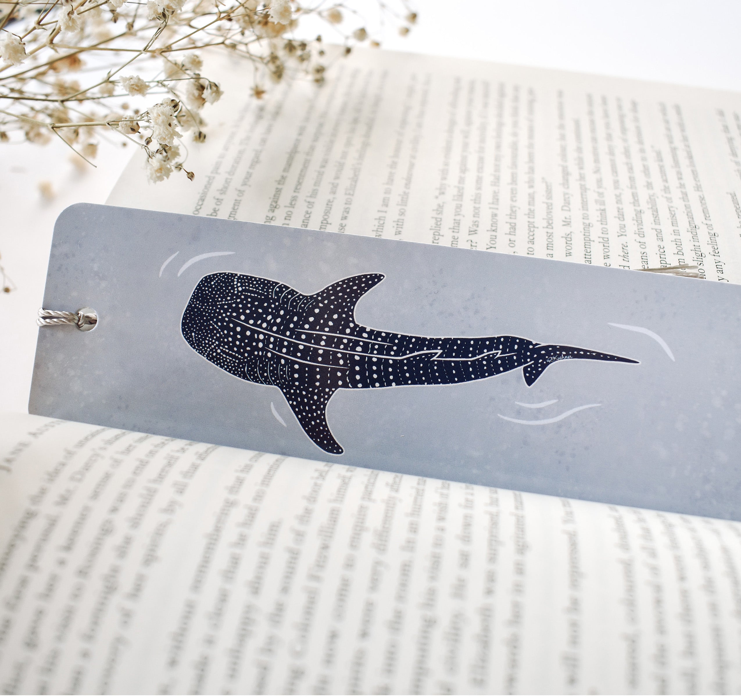 Blue whale shark ocean themed bookmark with a silver tassel