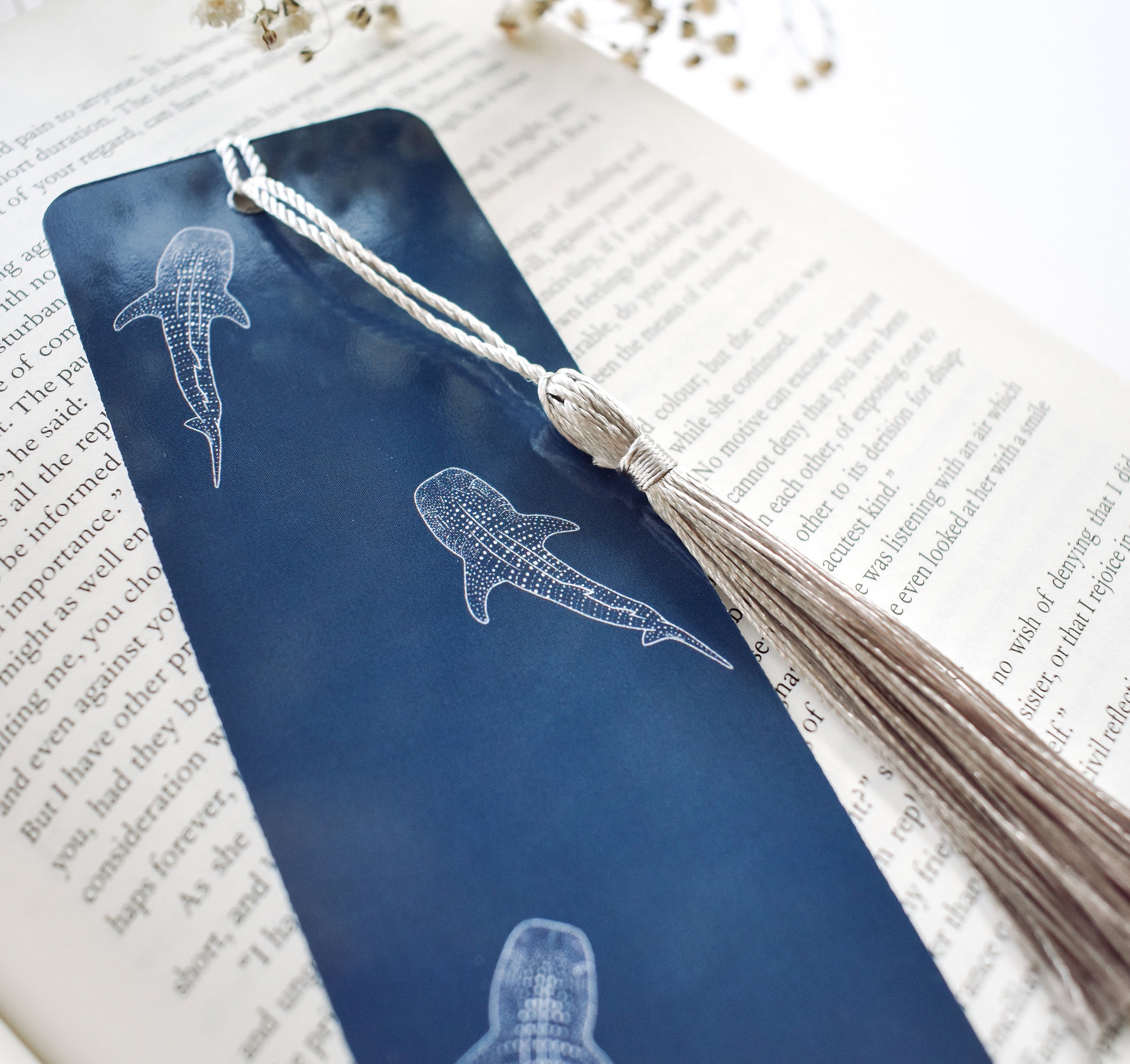 Blue whale shark ocean themed bookmark with a silver tassel