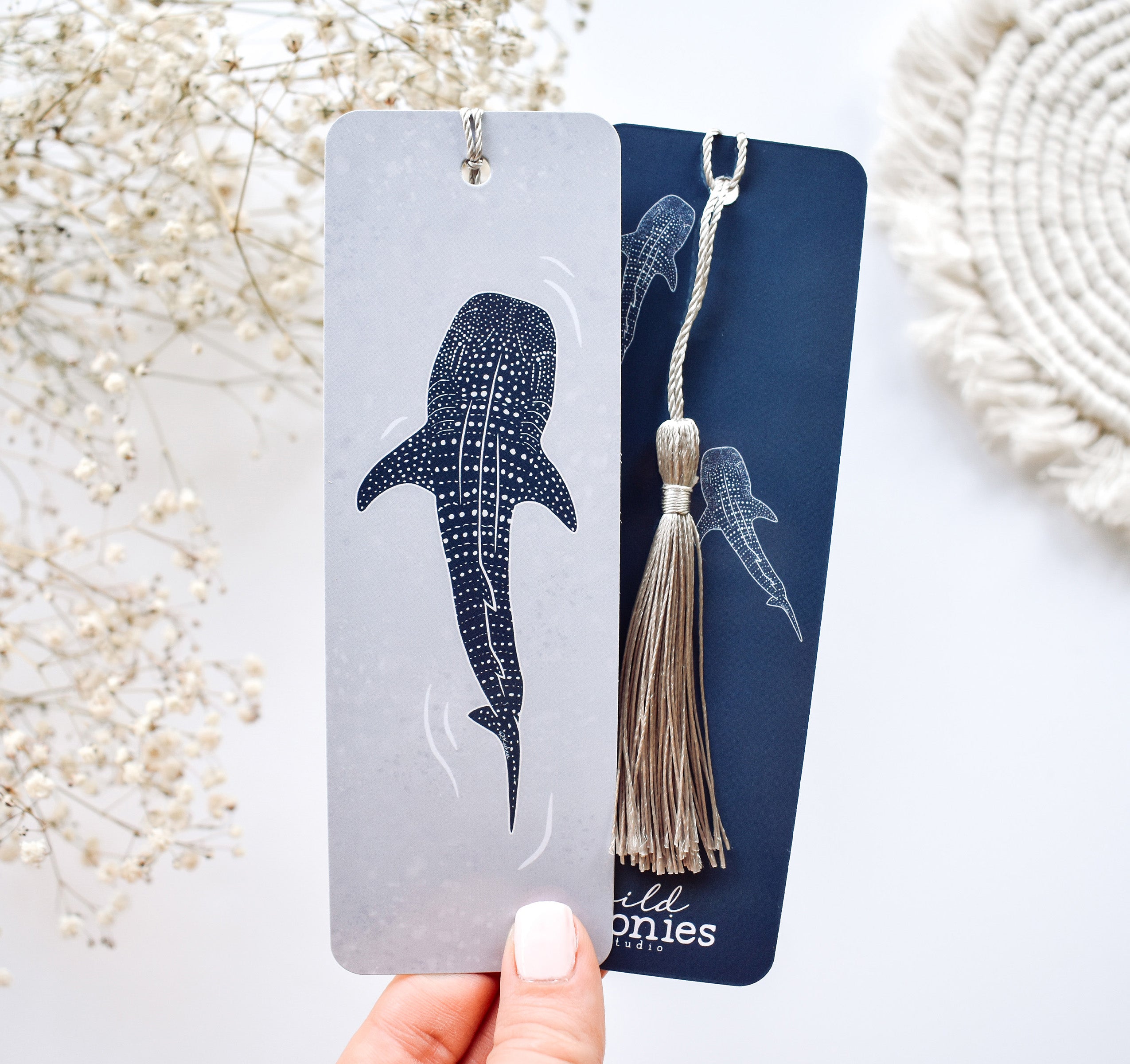 Blue whale shark ocean themed bookmark with a silver tassel