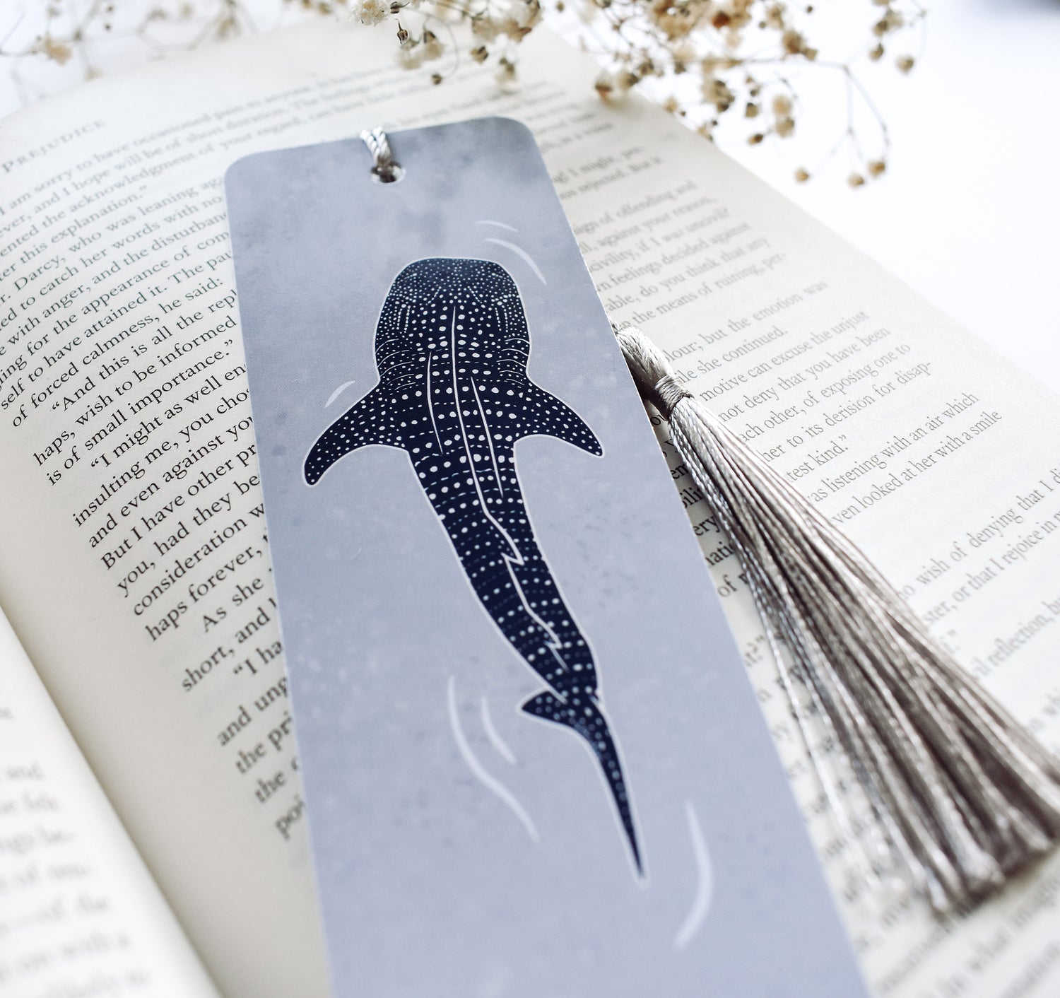 Blue whale shark ocean themed bookmark with a silver tassel