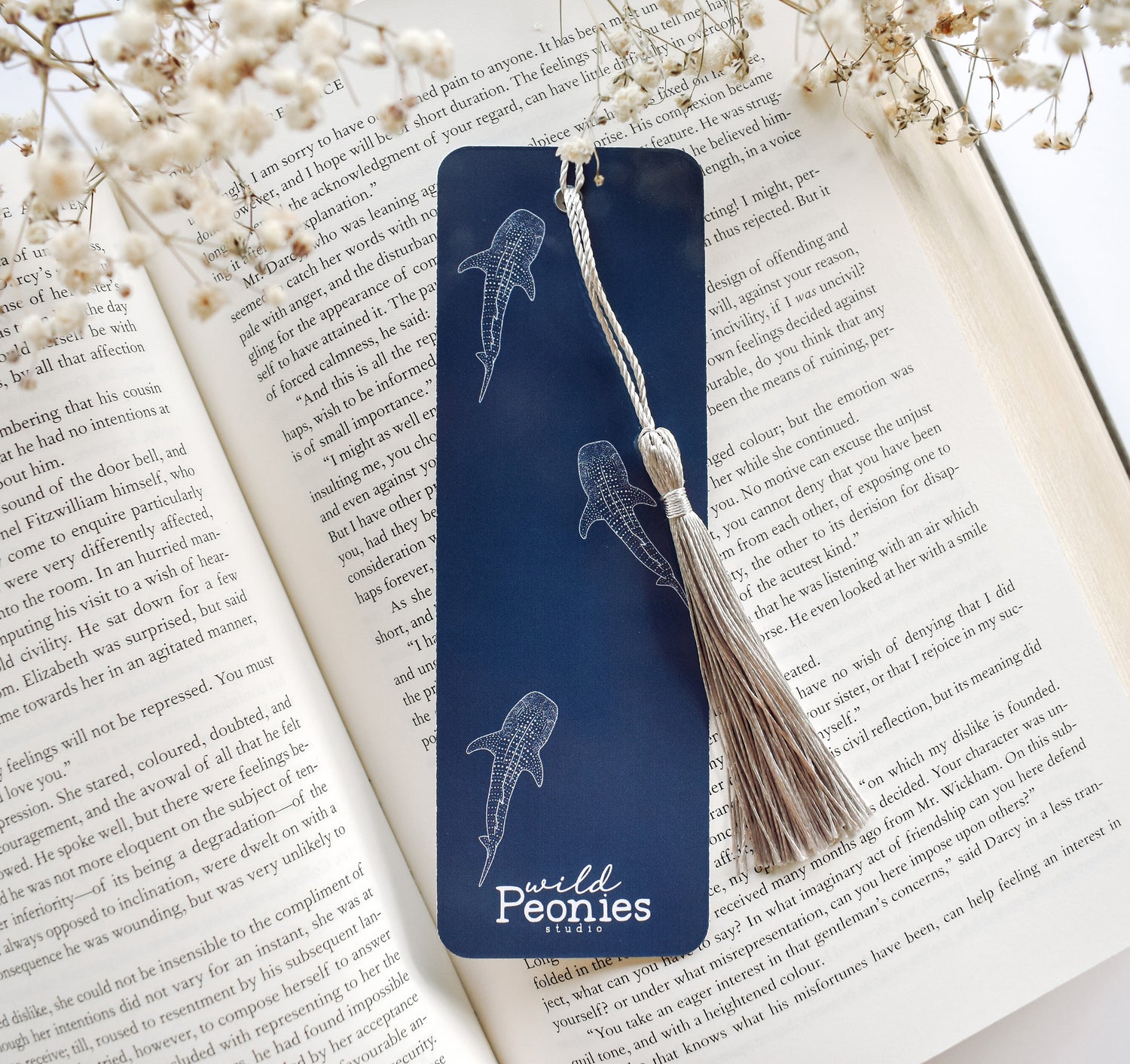 Blue whale shark ocean themed bookmark with a silver tassel