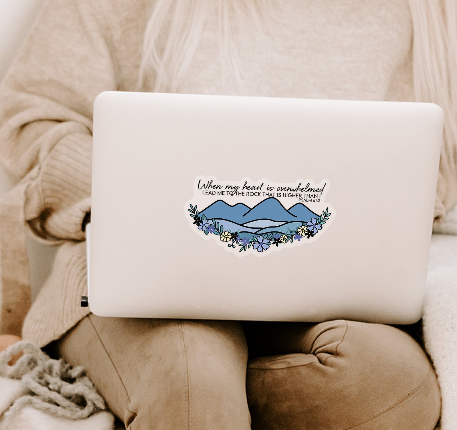 When My Heart is Overwhelmed, Psalm 61:2 Bible verse Christian laptop sticker with a mountain and flowers