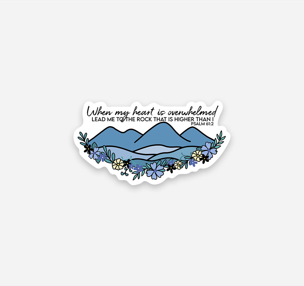 Christian faith magnet of the Psalm 61:2 Bible verse featuring a mountain and botanical florals