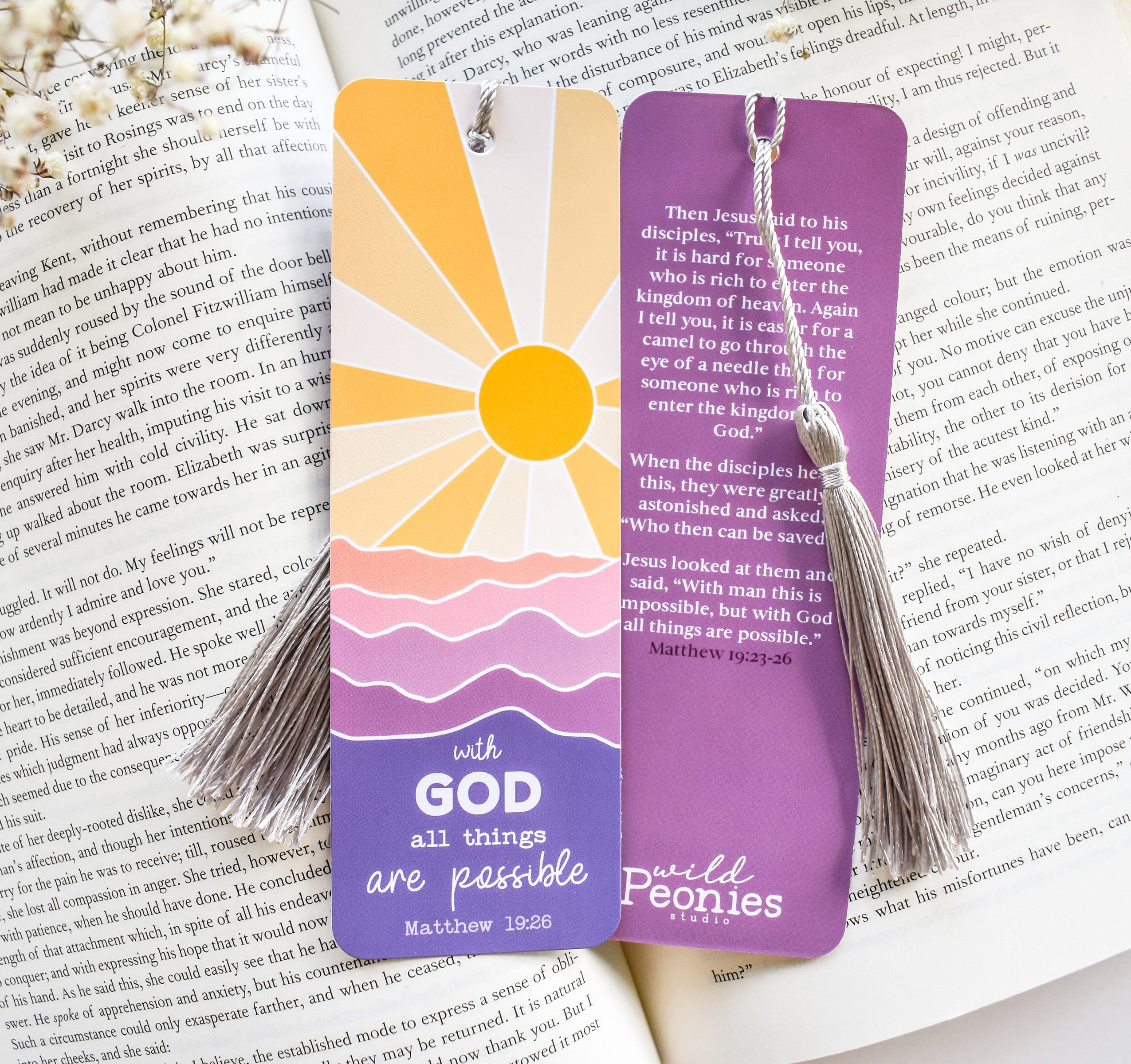 Christian bookmark with the Matthew 19:26 Bible verse and a beautiful mountain sunset design