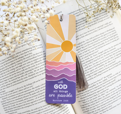 Christian bookmark with the Matthew 19:26 Bible verse and a beautiful mountain sunset design