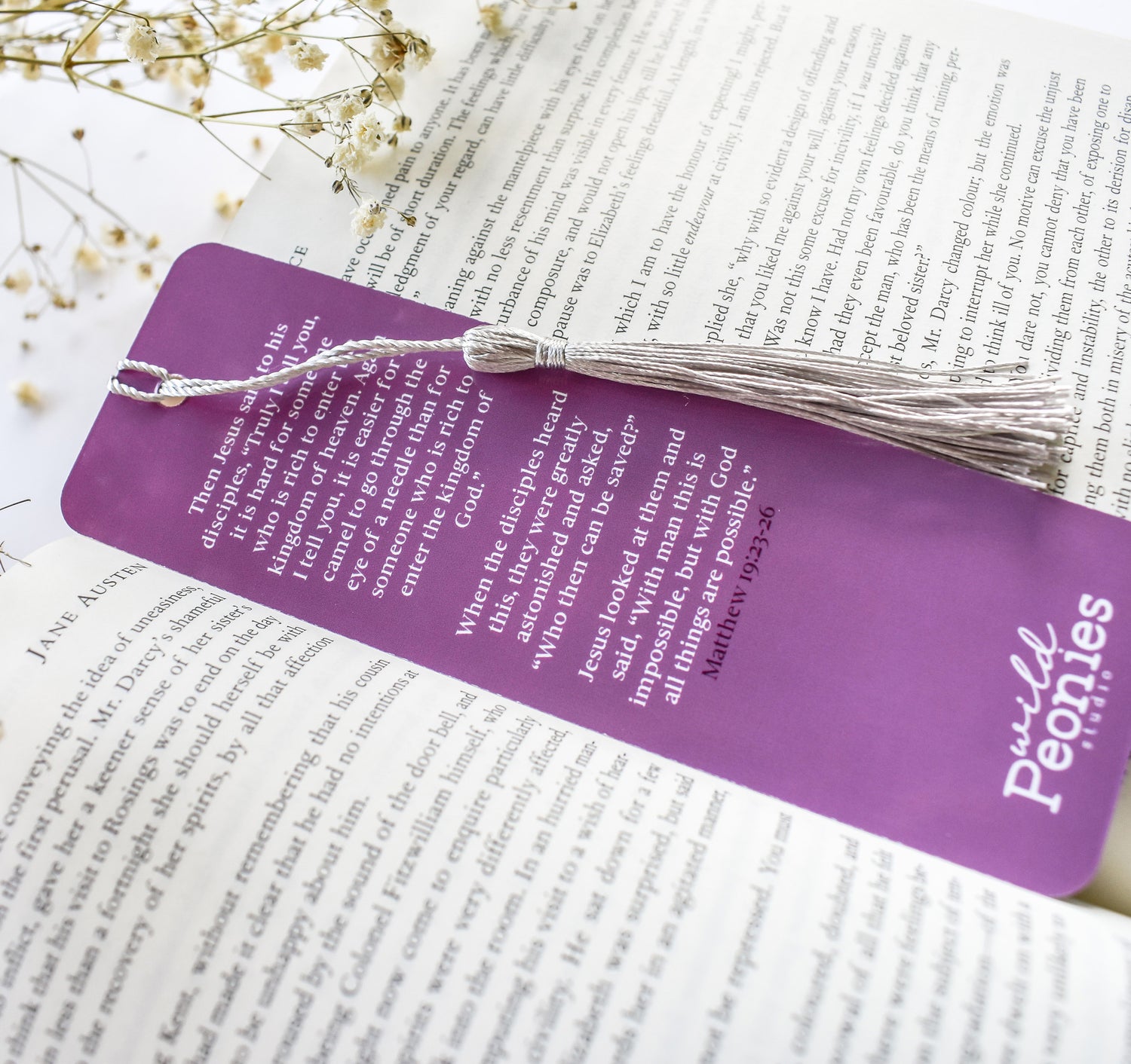 Christian bookmark with the Matthew 19:26 Bible verse and a beautiful mountain sunset design