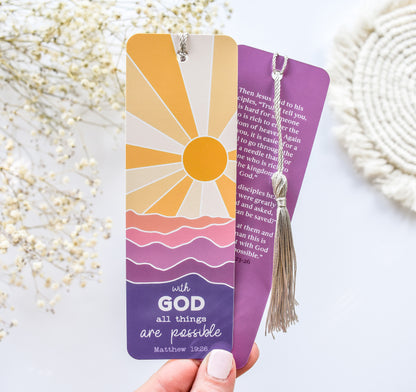 Christian bookmark with the Matthew 19:26 Bible verse and a beautiful mountain sunset design