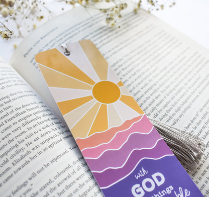 Christian bookmark with the Matthew 19:26 Bible verse and a beautiful mountain sunset design
