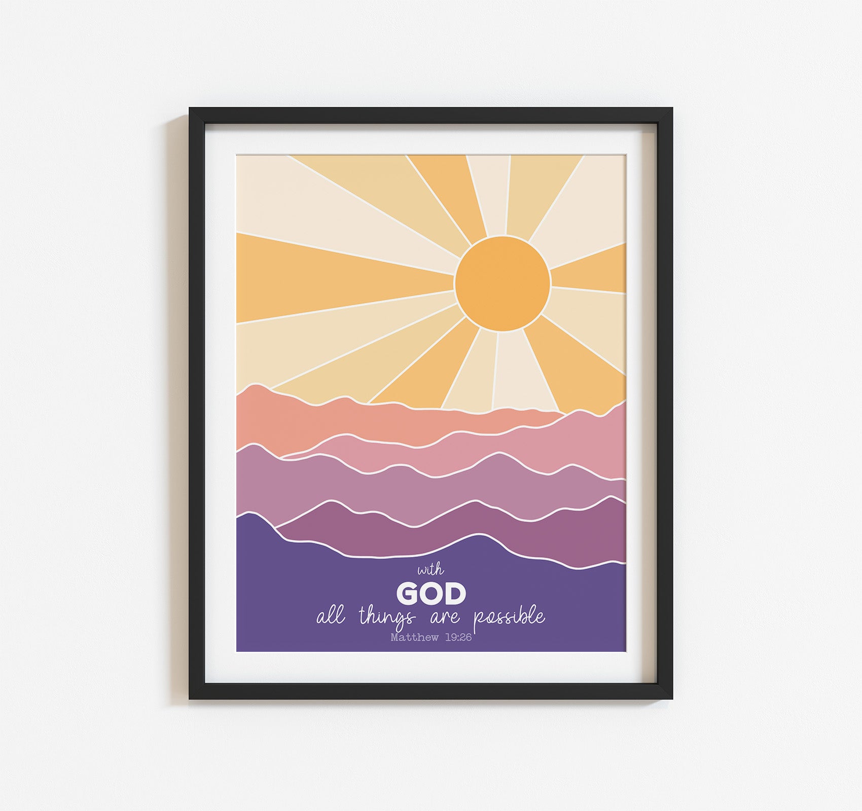 Christian art print of the Matthew 19:26 Bible verse &quot;With God all things are possible&quot; featuring a sunset over the mountains