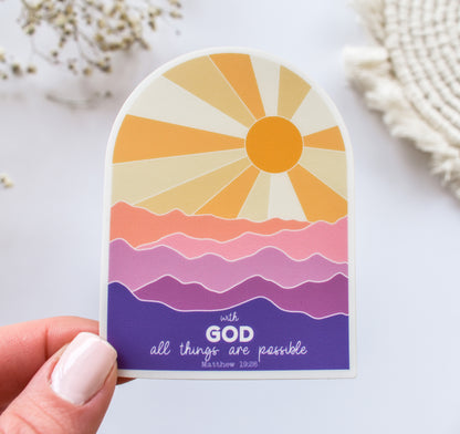 With God all things are possible, Matthew 19:26 Bible verse sticker with mountains and the sun