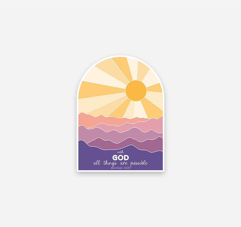 With God all things are possible, Matthew 19:26 Bible verse sticker with mountains and the sun
