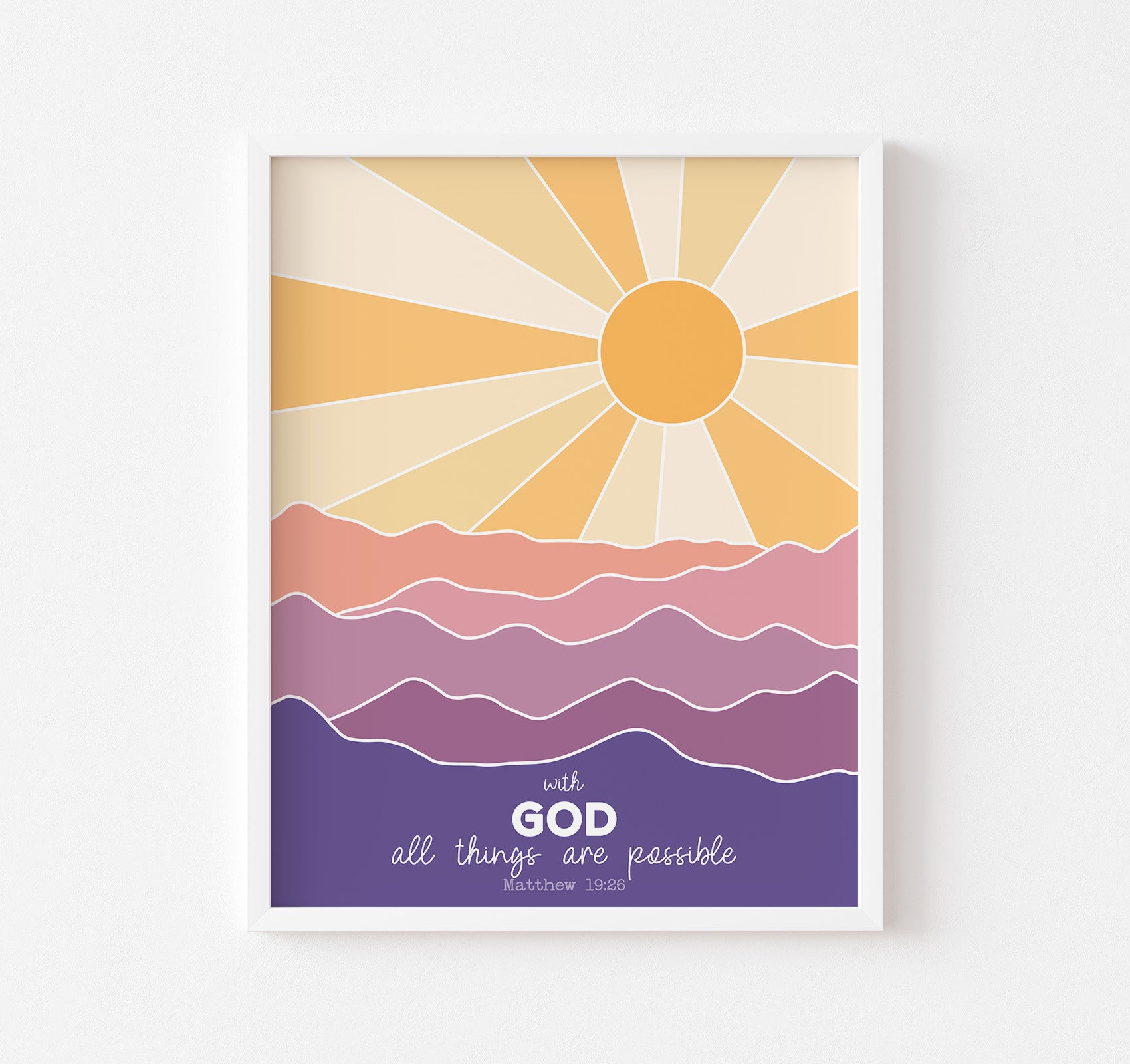 Christian art print of the Matthew 19:26 Bible verse &quot;With God all things are possible&quot; featuring a sunset over the mountains