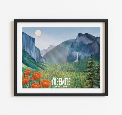 Yosemite National Park painting with Yosemite valley, waterfall, and half dome
