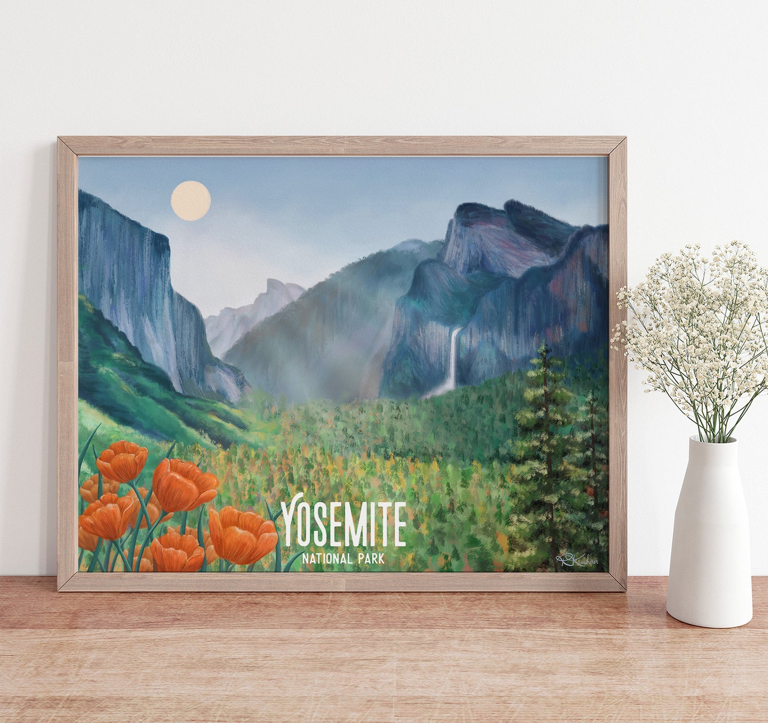 Yosemite National Park painting with Yosemite valley, waterfall, and half dome