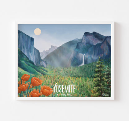 Yosemite National Park painting with Yosemite valley, waterfall, and half dome