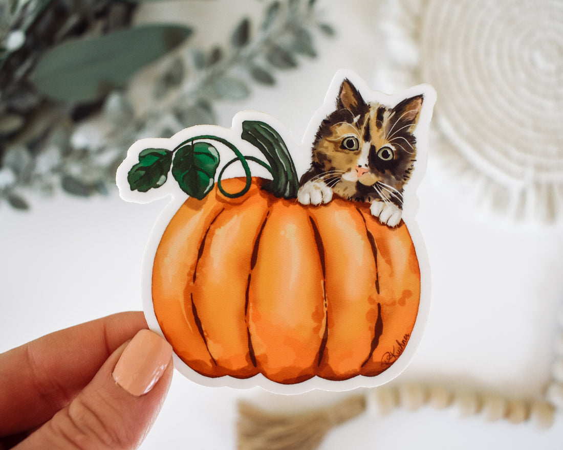 Calico Cat on a Pumpkin Vinyl Sticker