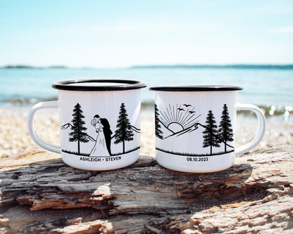 A personalized wedding metal camp mug of a bride and groom in the mountains
