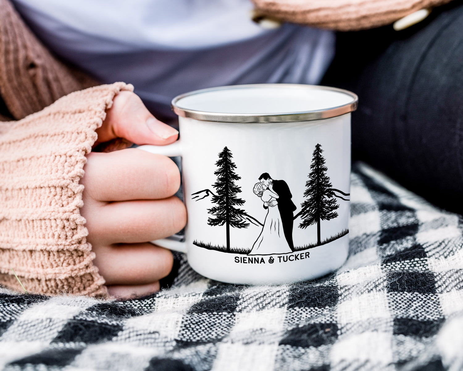 A personalized wedding metal camp mug of a bride and groom in the mountains