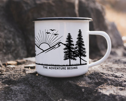 A personalized wedding metal camp mug of a bride and groom in the mountains