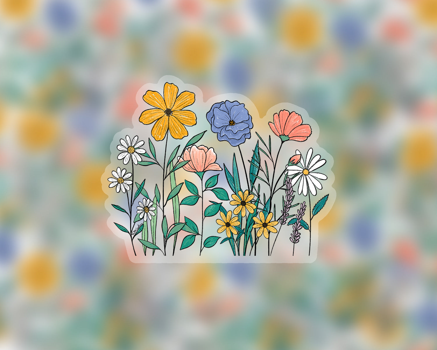 Pink, yellow, blue, and white flowers on a clear vinyl sticker