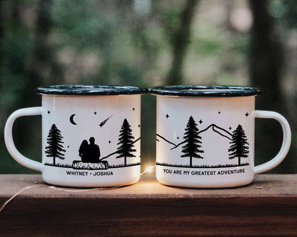 Metal campfire mug with a design of a couple stargazing and personalized text